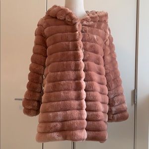 PINK THICK FAUX FUR COAT JACKET HOODED W/ HOOD